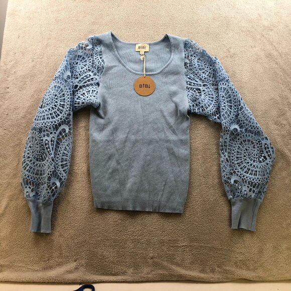 NWT Bibi Womens Blouse Size XL Blue Rib Knit Lace Sleeve Peasant Boho Casual - Picture 10 of 11
